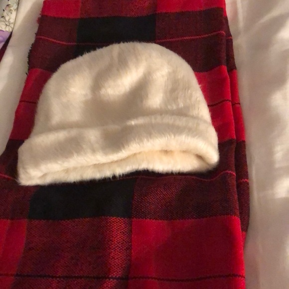 Accessories - Soft furry adult Winter Hat /Red Plaid Scarf Set